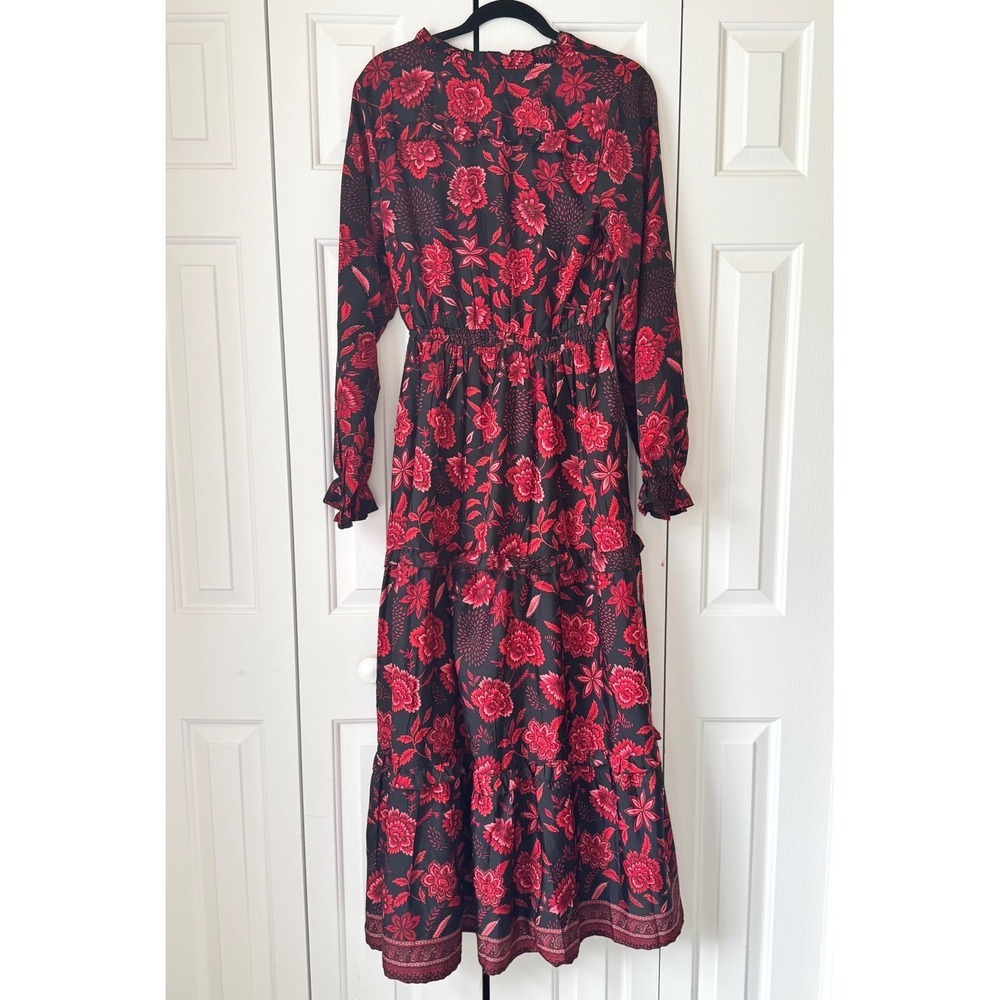 Boemo Womens Floral Tiered Maxi Dress Black Red Long Sleeve Tassel V-Neck M